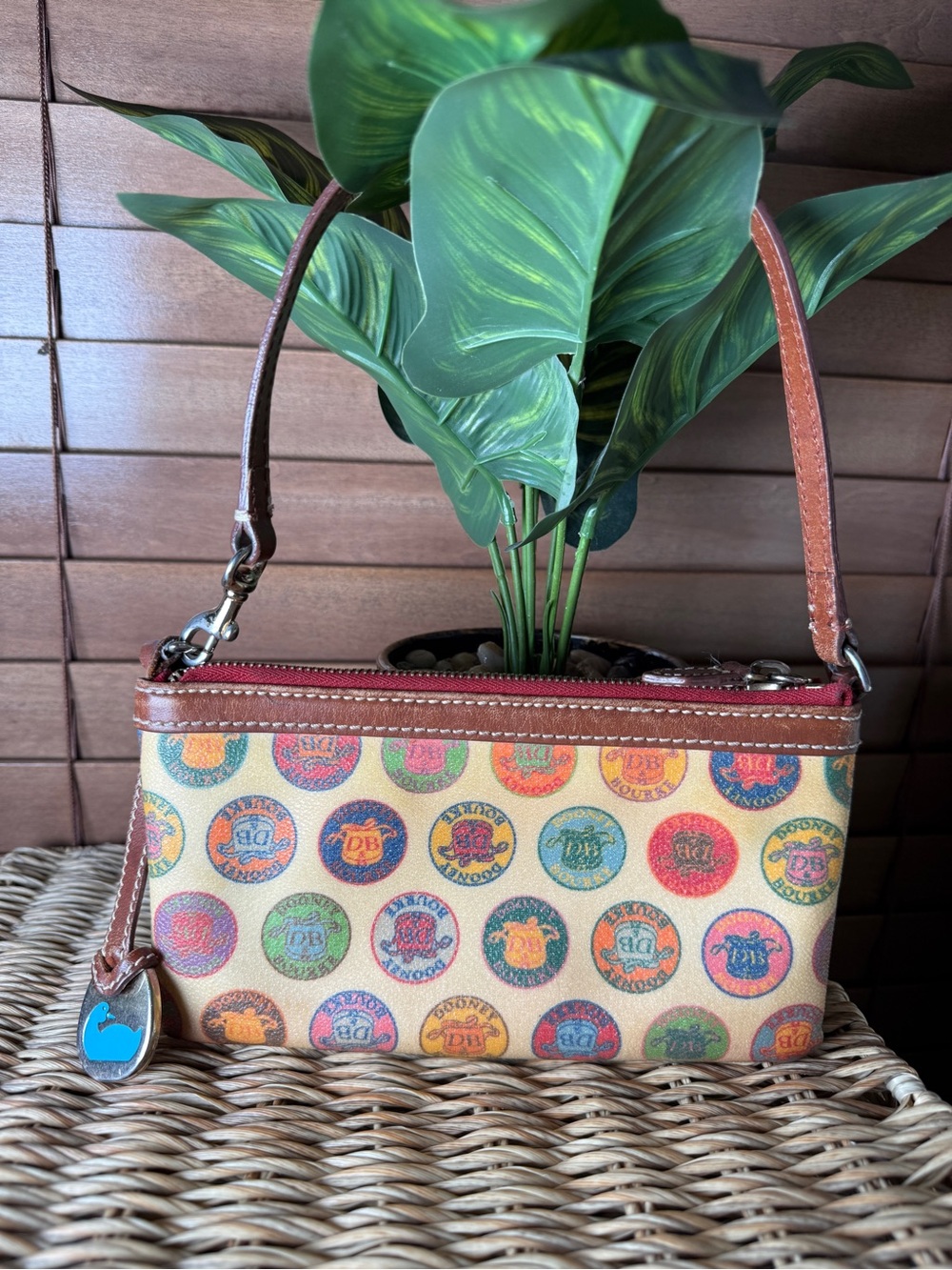 Dooney & Bourke Multicolor Coin-Print Wristlet/Mini Shoulder Bag - Tan Trim